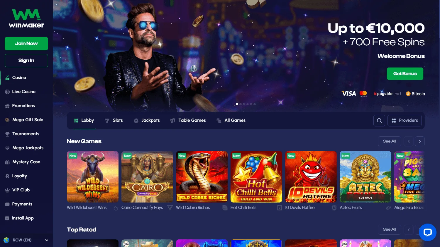 Winmaker Casino home page on desktop