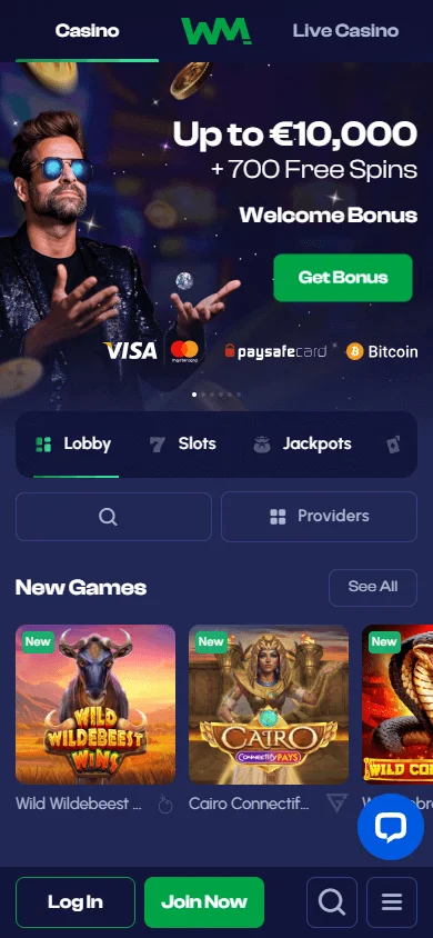 Winmaker Casino home page on a mobile device